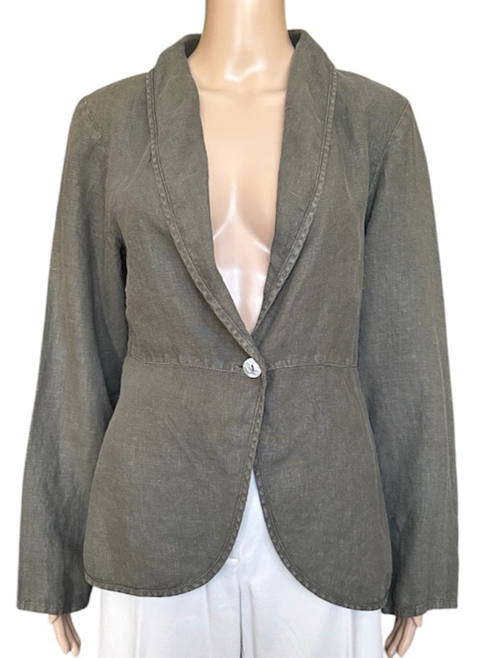Cut Loose Olive Green Linen Blazer Lightweight Jacket Pearl Button Made In USA